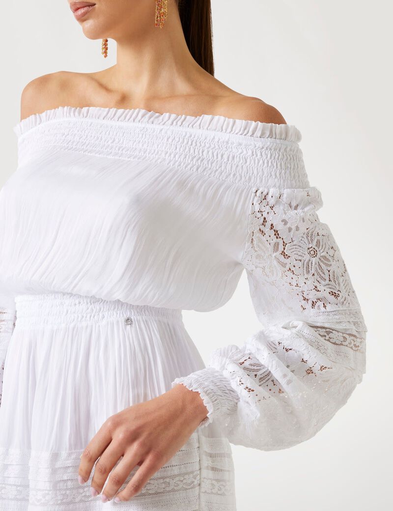 فستان قصير من الحرير المخلوط بدون أكتاف