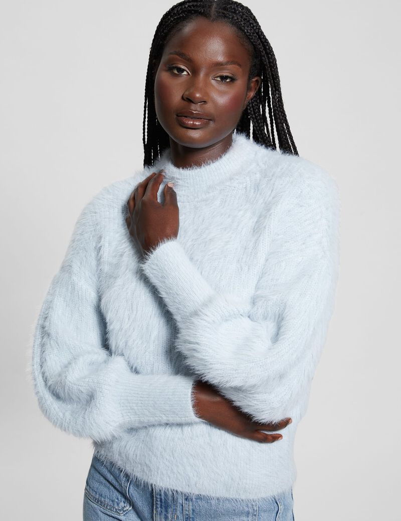 Crew neck fuzzy yarn sweater