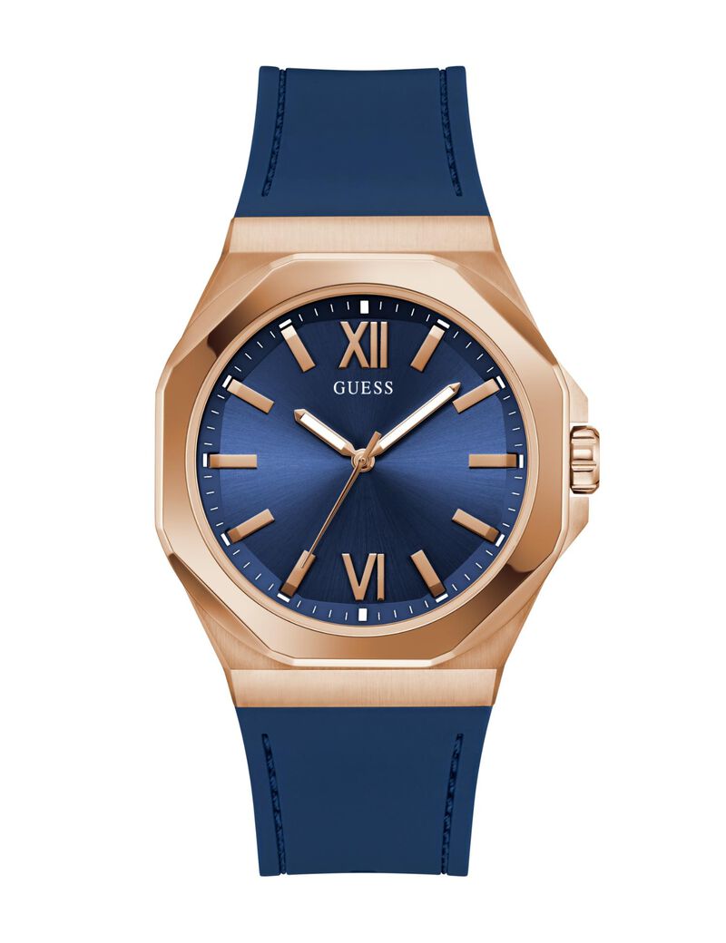 Mens Blue Rose Gold Tone Analog Watch
