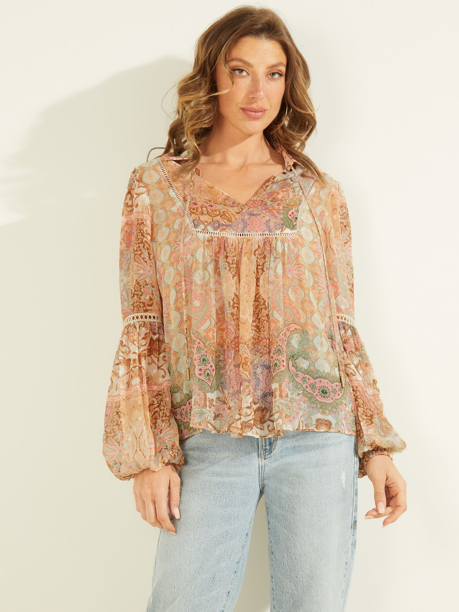 Haut GUESS Femme Taille L - Style Soave à Volants Fleuris En Chiffon - Neuf Avec étiquettes