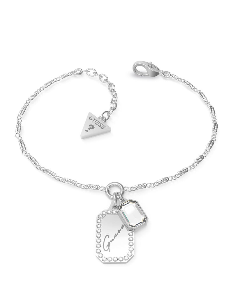 سوار فضي اللون مُزين بالشعار وبحلى متدلية مرصعة بالكريستال