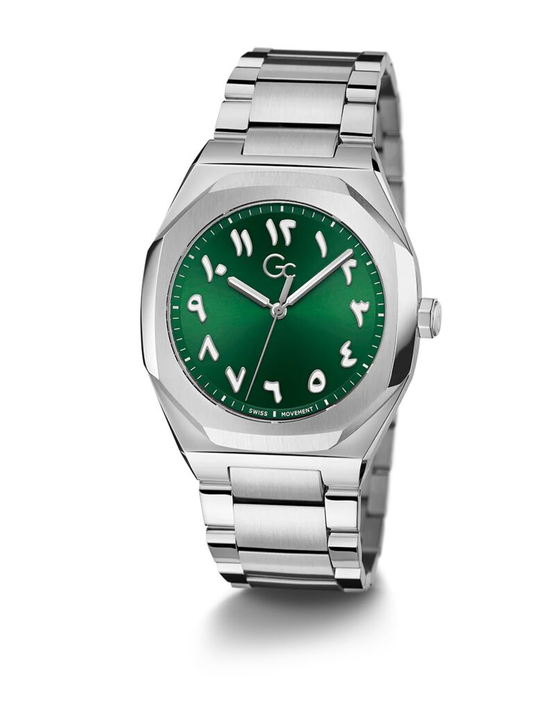 guess gw coussin sleek slv cs grn dl 42mm qtz slv ss brct fw23