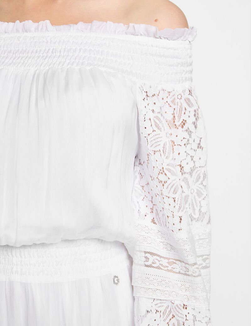 فستان قصير من الحرير المخلوط بدون أكتاف