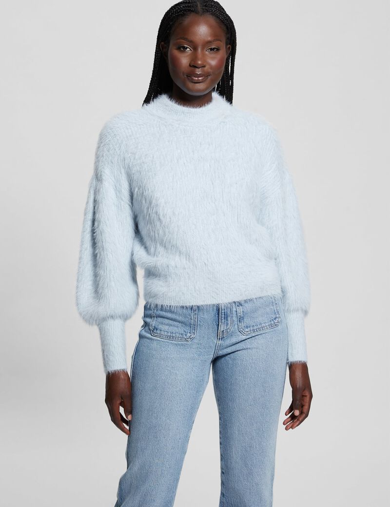 Crew neck fuzzy yarn sweater