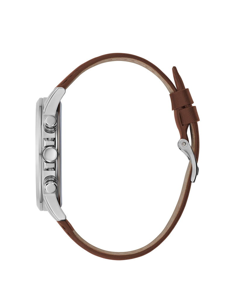 ساعة يد بسوار من الجلد باللونين الفضي والبني