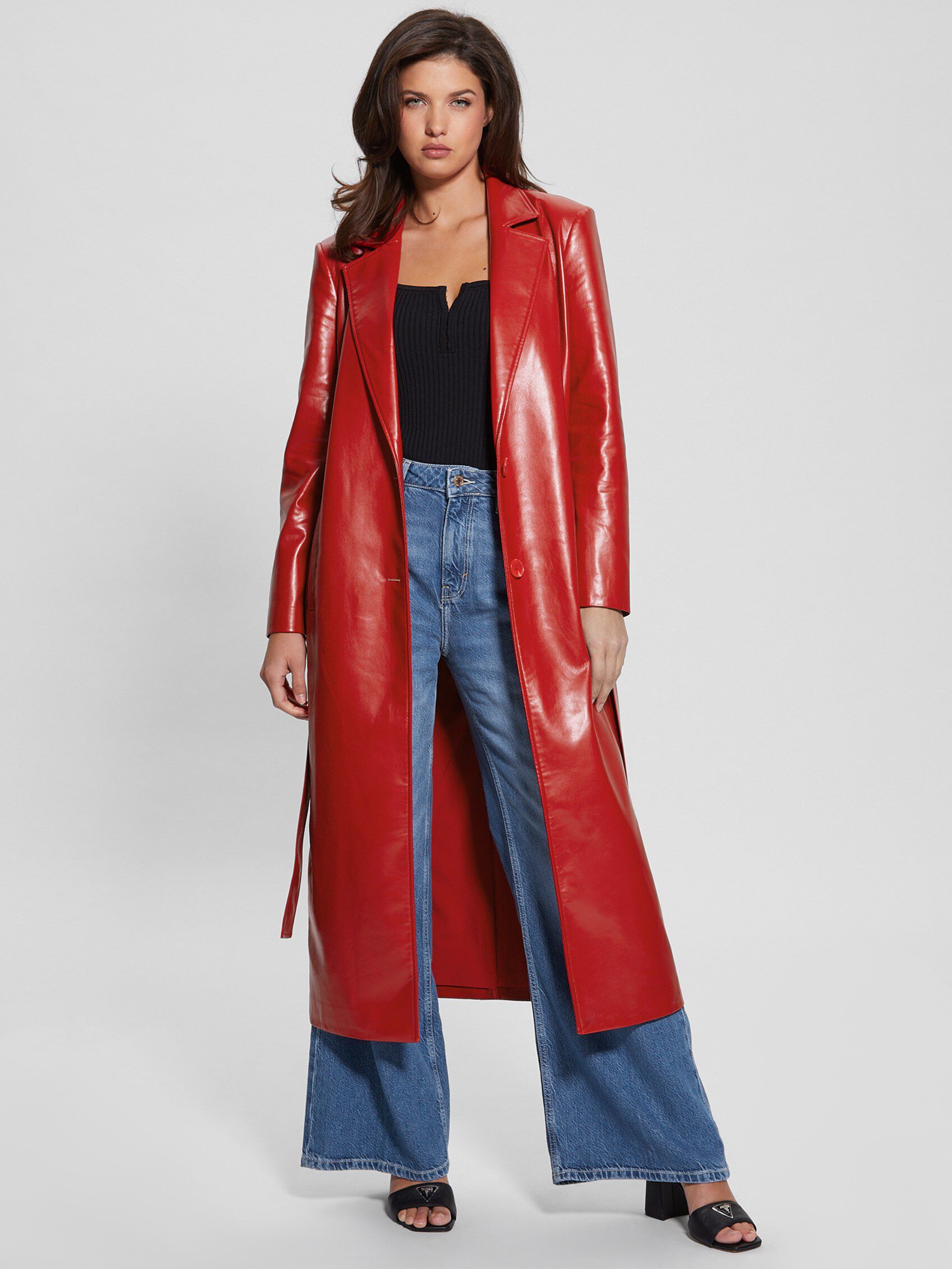 Red faux leather coat hotsell