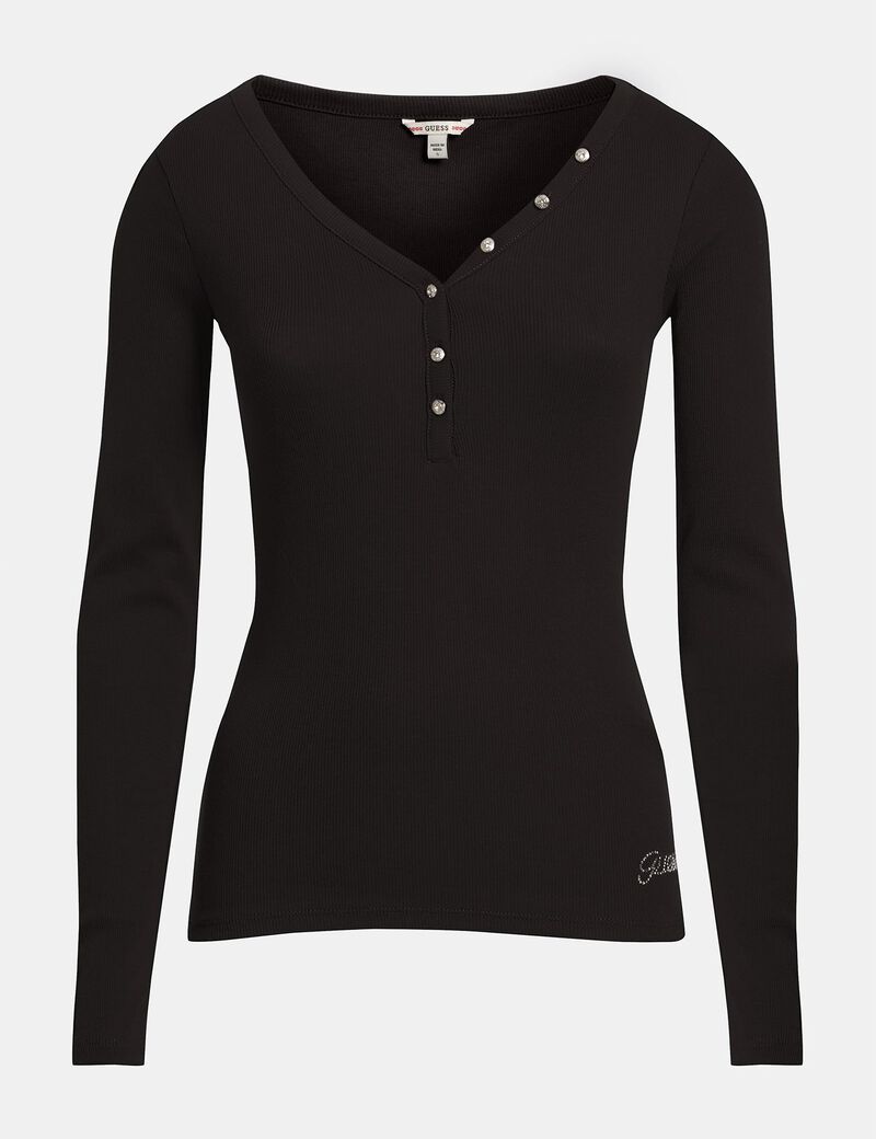 Es Long Sleeve V Neck Logo Henley Tee