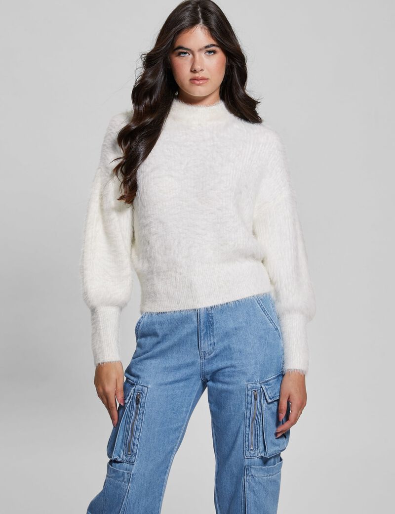 Crew neck fuzzy yarn sweater