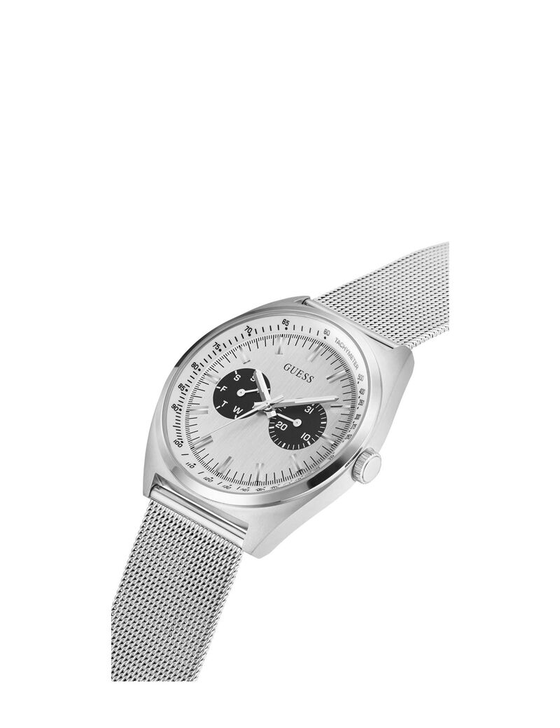 ساعة يد فضية اللون ذات سوار شبكي