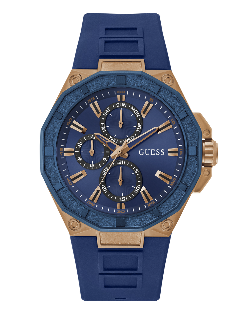 Mens Blue Rose Gold Tone Multi-function Watch