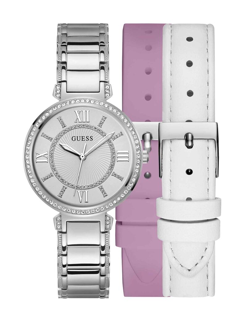 P Slv Cs W/ Crys / Sun Slv Dl / P Slv Brct W/ Pink Silicone Strp W/ Wht Ltr Strp