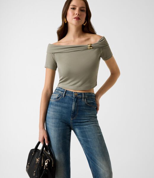 BRIGITTE OFF SHOULDER TOP Off-shoulder draped knit top