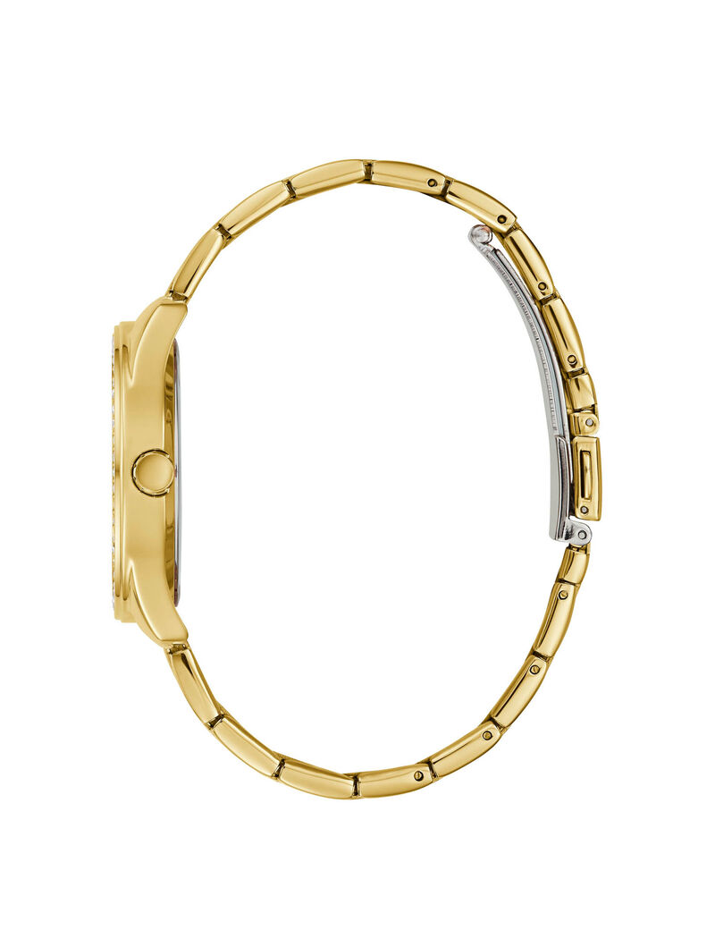 ساعة يد مُزينة بشعار العلامة التجارية وحُبيبات برَّاقة باللون الذهبي