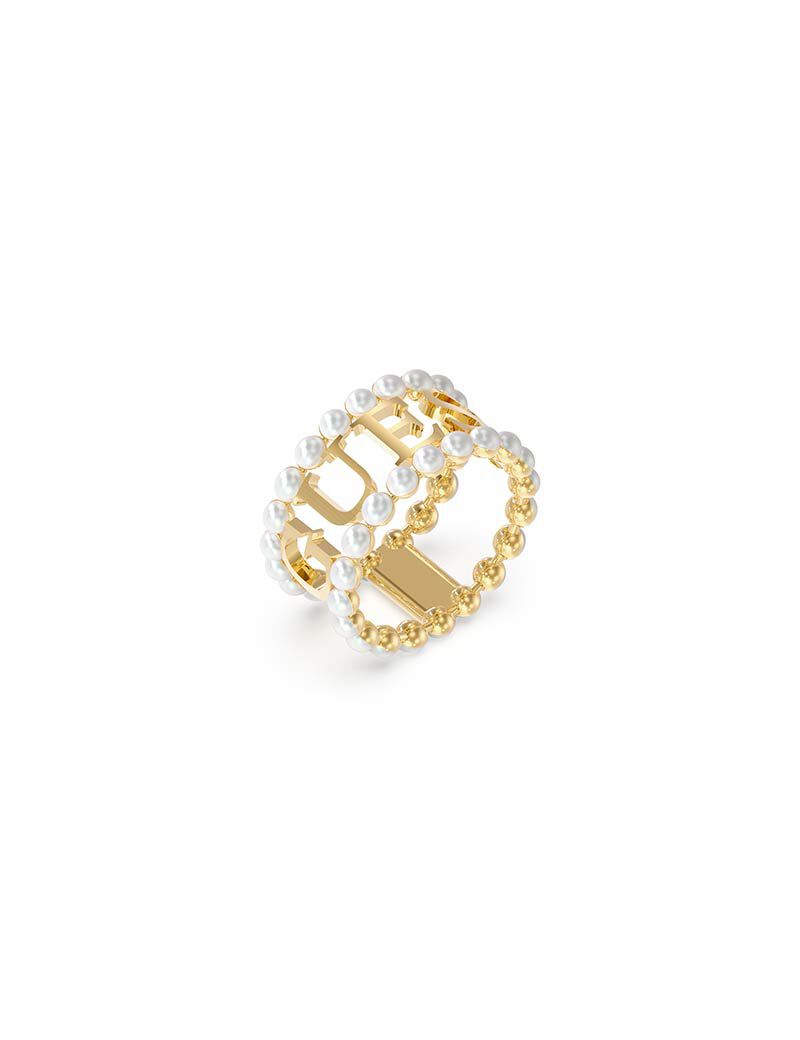 Logo & White Beads Ring Gold