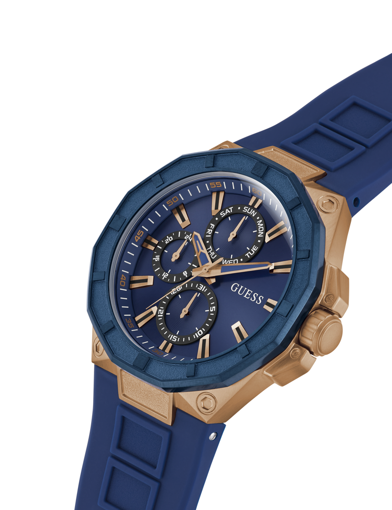 Mens Blue Rose Gold Tone Multi-function Watch