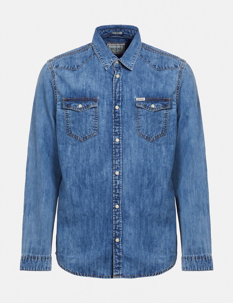 Shop GUESS Slim Fit Denim Shirt, NA GUESS EGY