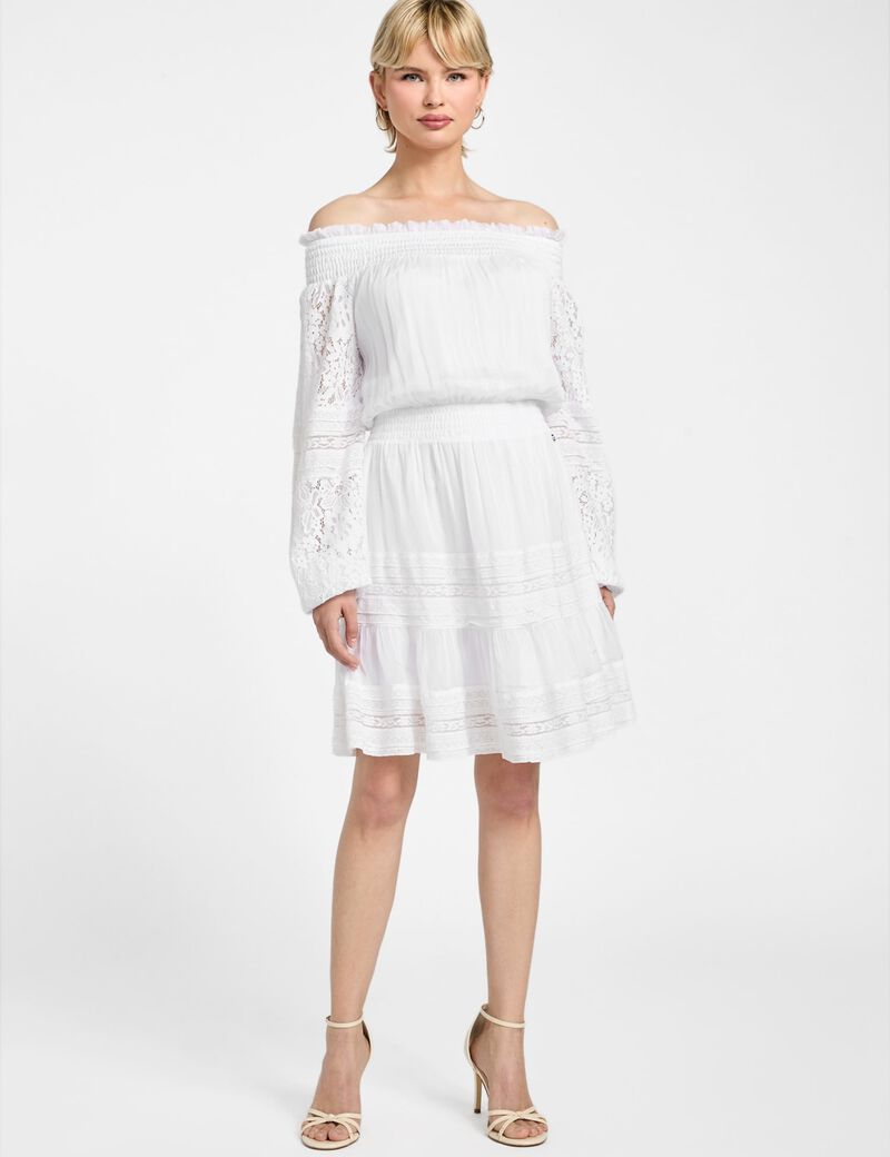 فستان قصير من الحرير المخلوط بدون أكتاف