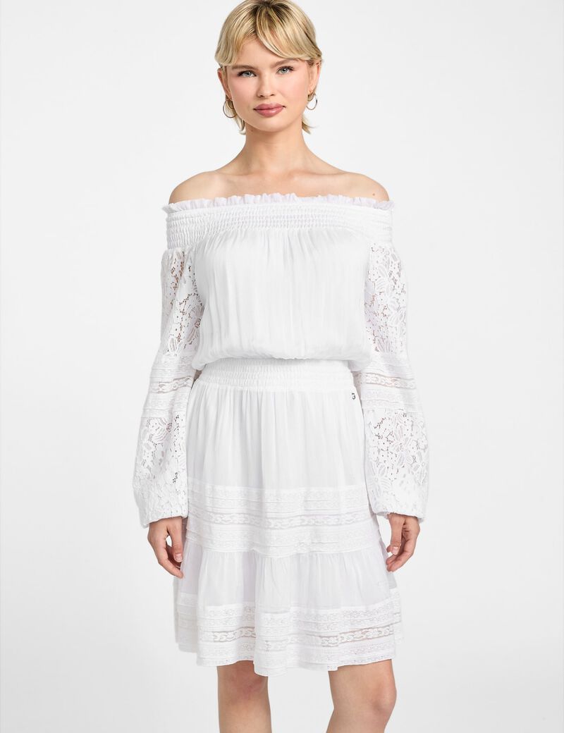 فستان قصير من الحرير المخلوط بدون أكتاف