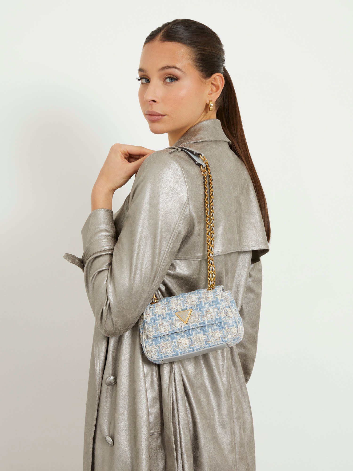 Shop GUESS Online Tweed Giully mini crossbody bag