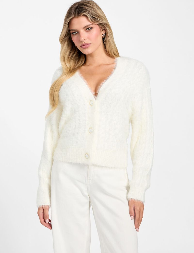 Fuzzy cable-knit cardigan