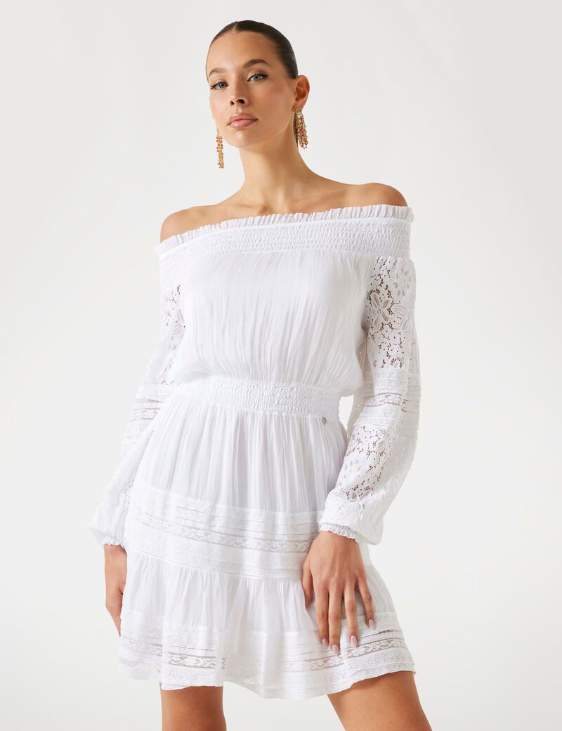 فستان قصير من الحرير المخلوط بدون أكتاف