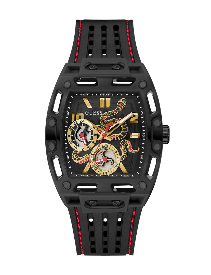 guess blk cs transparent black mf cut thru dial w snake detail blk silicone strp w red stitch