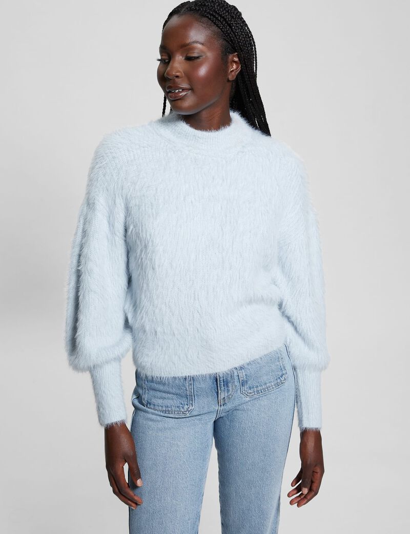 Crew neck fuzzy yarn sweater